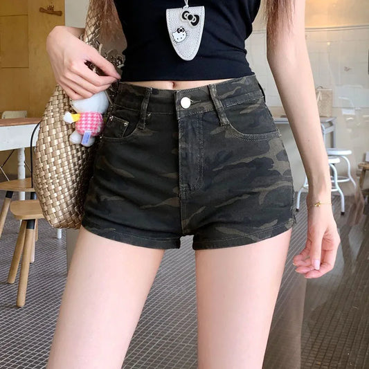 High Waist Camouflage Denim Shorts