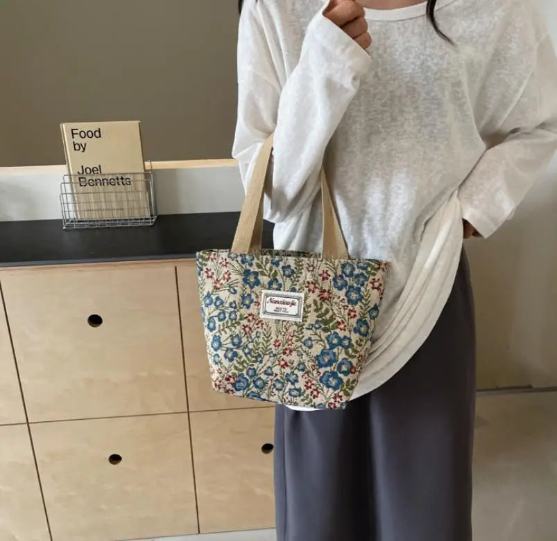 Embroidery Floral Canvas Handbags Delicate Blossom Pattern Tote Shoulder Bag for Women, Casual Outing, Work, Everyday Essentials