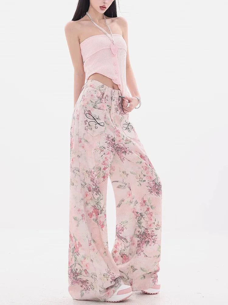 Embroidered Wide-Leg Denim Jeans with Printed Design