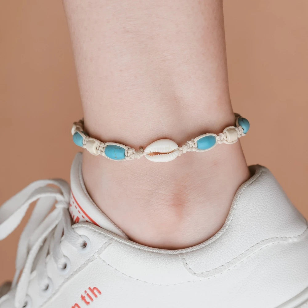 Bohemian Turquoise Starfish Beaded Anklet with Adjustable Chain