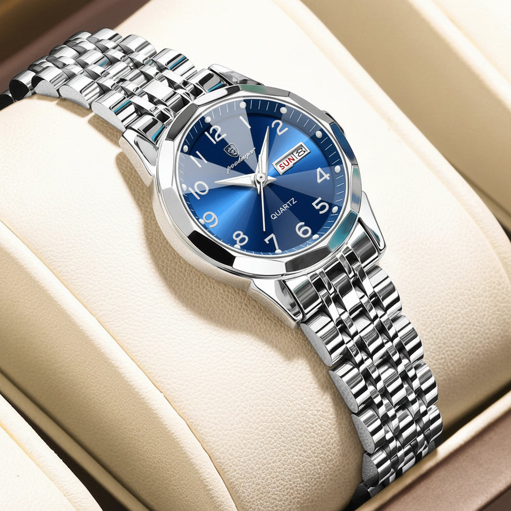Luxury Stainless Steel Quartz Wrist Watch with Luminous Week & Date Display