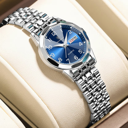 Luxury Stainless Steel Quartz Wrist Watch with Luminous Week & Date Display