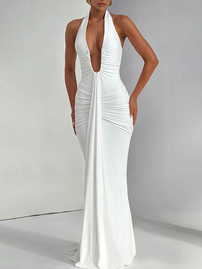 Deep V-Neck Halter Sleeveless Backless Ruched Maxi Dress