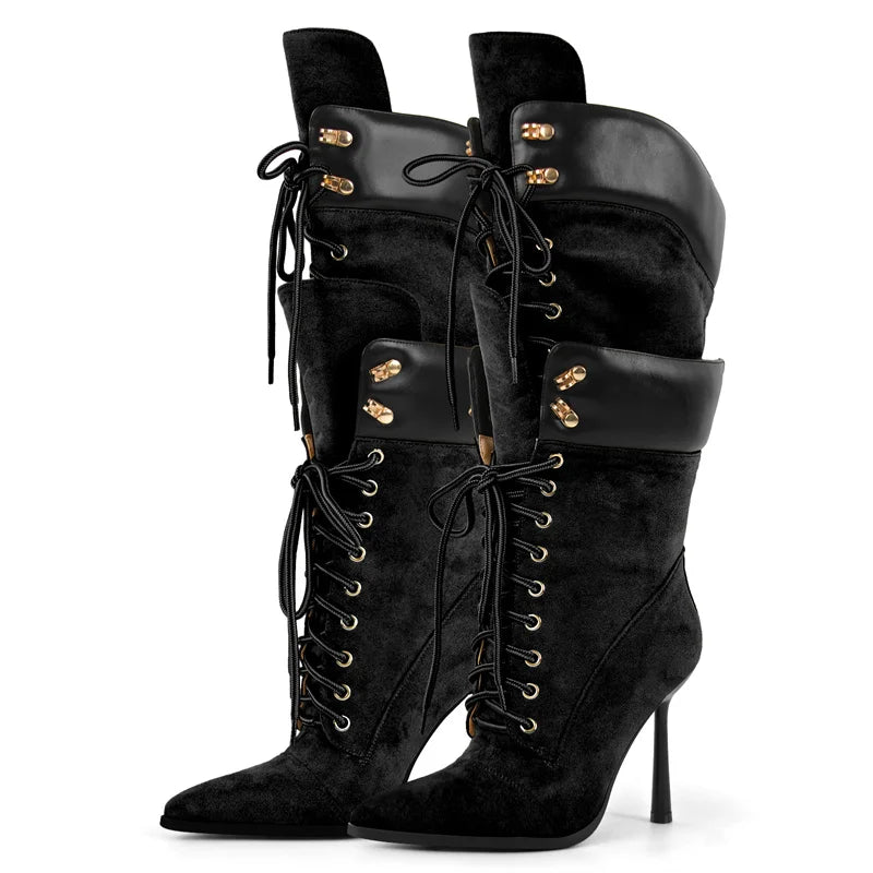Premium Pointed Toe Lace-Up Stiletto Mid-Calf Boots