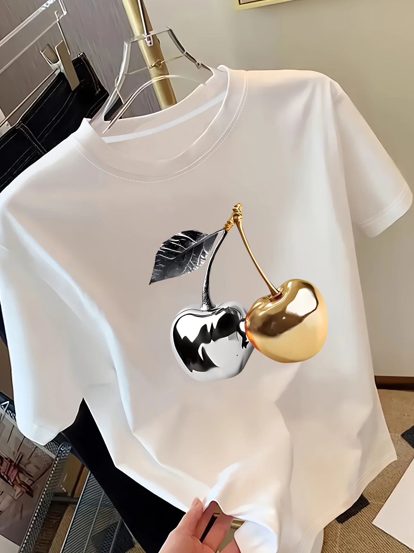 Golden Cherry Print Short Sleeve Casual T-Shirt