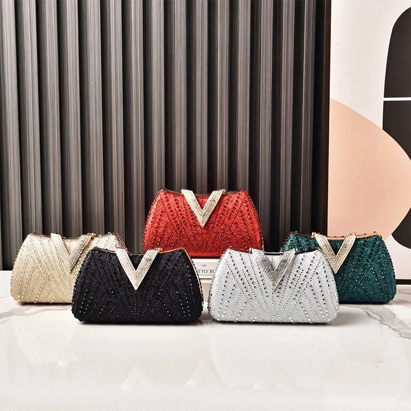 Silver Party Bag Diamond Wedding Inspired Designer Handbags for Women V Hasp Luxury Quality  Rhinestone Shoulder Crossbody Bags