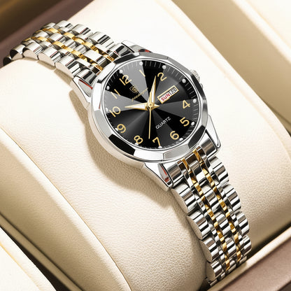 Luxury Stainless Steel Quartz Wrist Watch with Luminous Week & Date Display