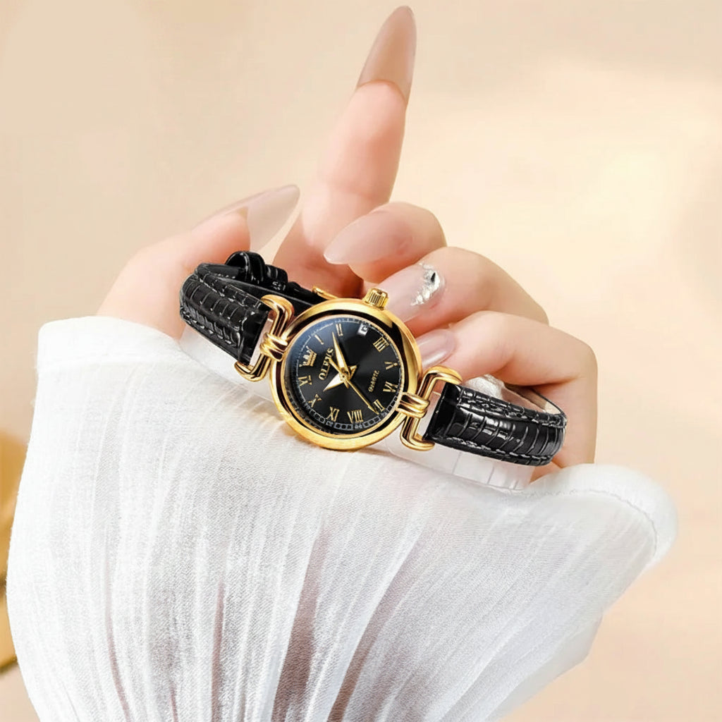 Luxury Vintage Gold Quartz Wrist Watch with Roman Numeral Dial & Leather Strap