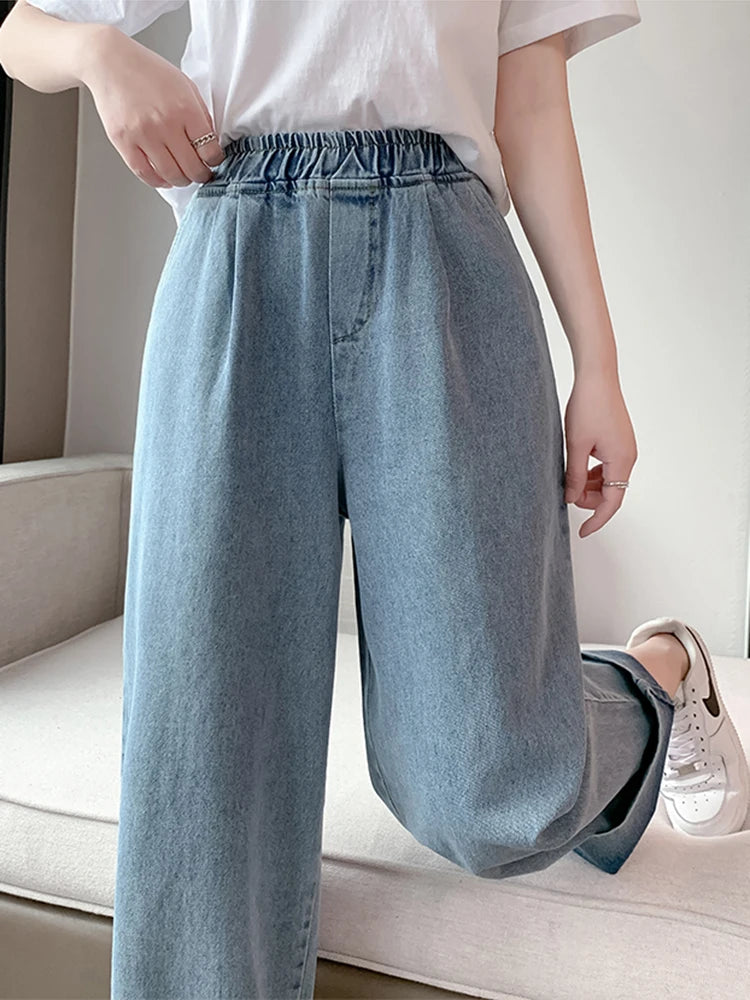 Classic Wide Leg Denim Pants with High-Rise Comfortable Fit