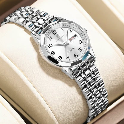 Luxury Stainless Steel Quartz Wrist Watch with Luminous Week & Date Display