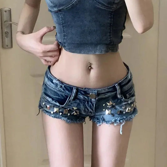 Low Rise Slim Fit Denim Shorts with Rivets