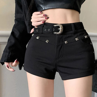 High Waist Black Denim Shorts with Metal Rivet Detail