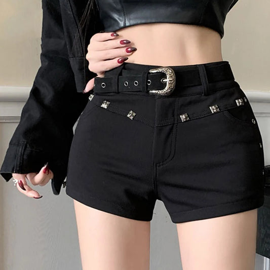 High Waist Black Denim Shorts with Metal Rivet Detail