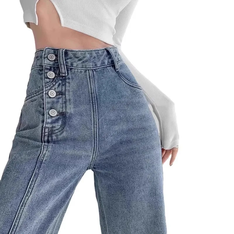 High-waisted Loose-fit Straight-leg Wide-leg Denim Pants