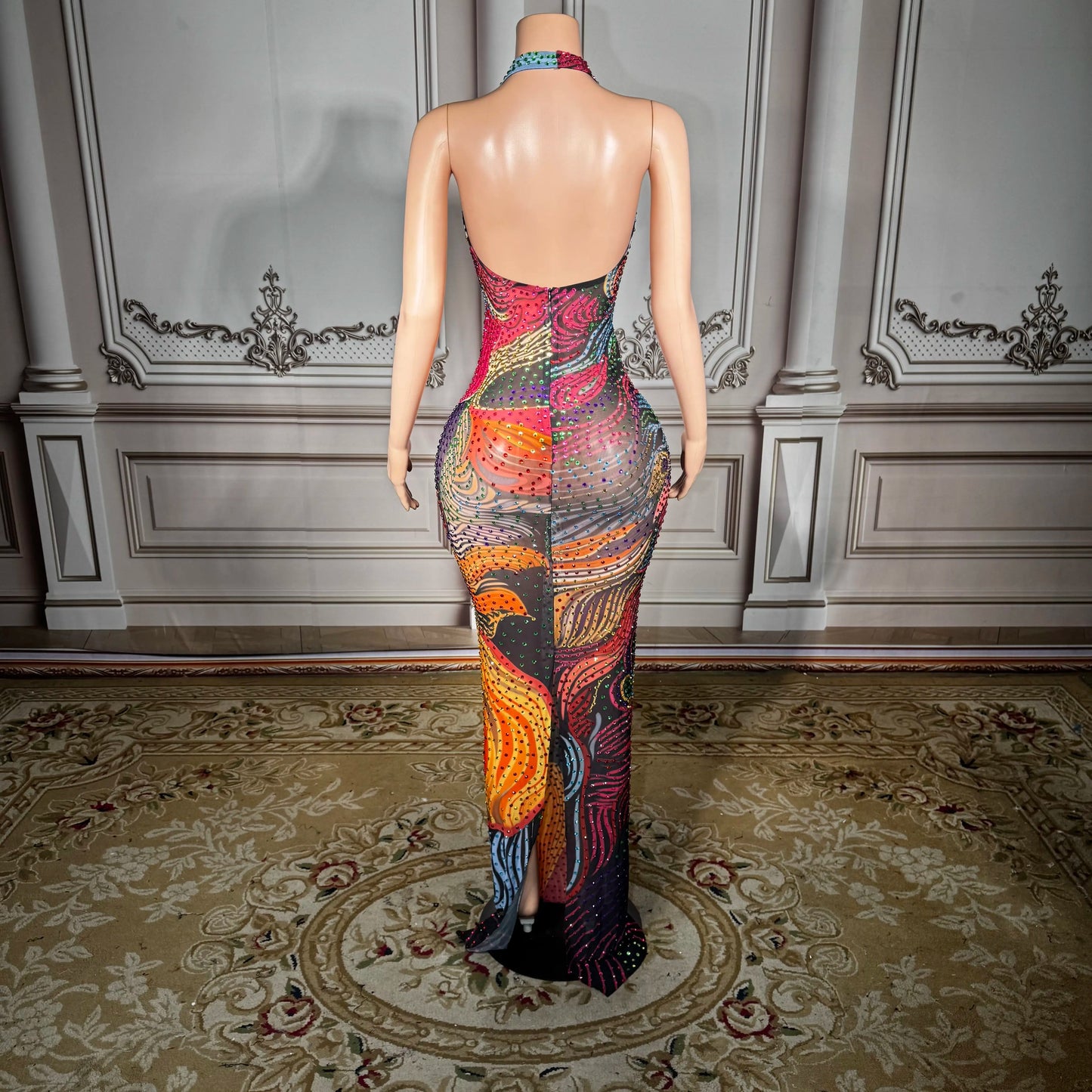Plus Size Sheer Mesh Party Dress with Low Back & Rhinestone Detail