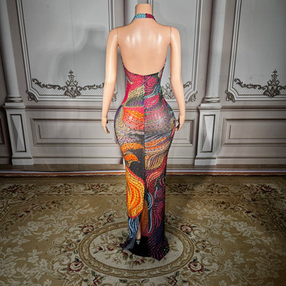 Plus Size Sheer Mesh Party Dress with Low Back & Rhinestone Detail