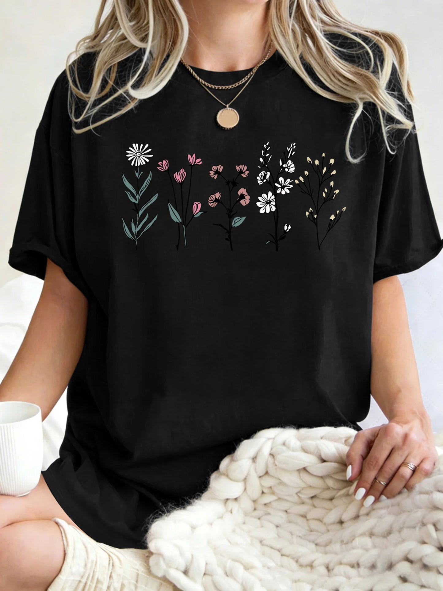 Floral Print Loose Fit Short Sleeve T-Shirt