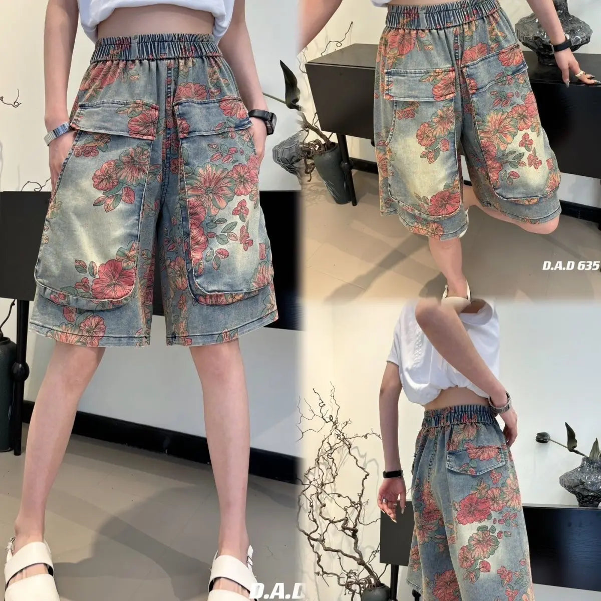 High Waist Floral Print Denim Shorts with Utility Pockets