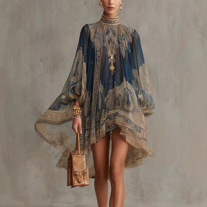 Printed High Neck Long Sleeve Chiffon Maxi Dress