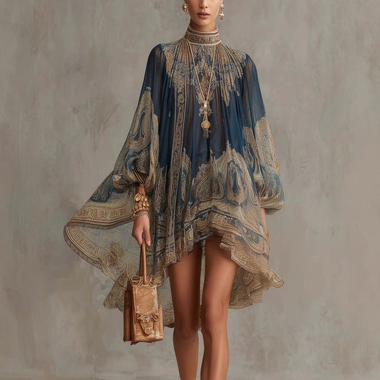 Printed High Neck Long Sleeve Chiffon Maxi Dress