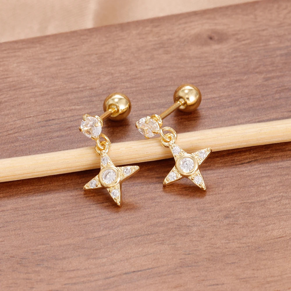 Luxury Stainless Steel Star Dangle Earrings with Sparkling Zircon