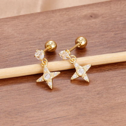 Luxury Stainless Steel Star Dangle Earrings with Sparkling Zircon