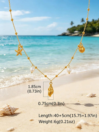 18K Gold Plated Stainless Steel Beach Charm Necklace with Pearl, Shell & Starfish