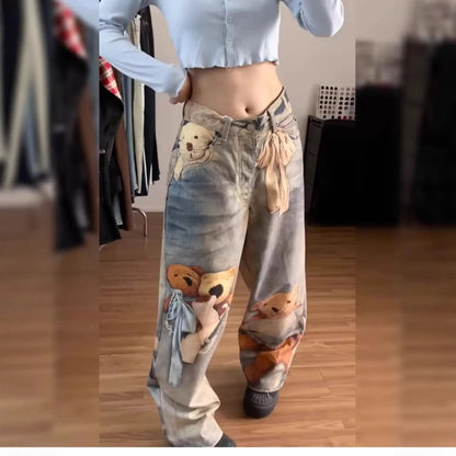 High-Waist Colorful Bear Print Straight-Leg Denim Jean