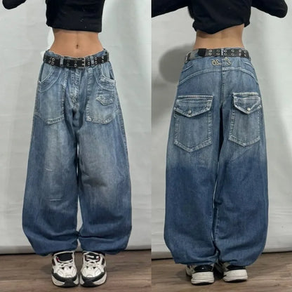 Relaxed Fit Wide Leg Denim Pants with Geometric Embroidery