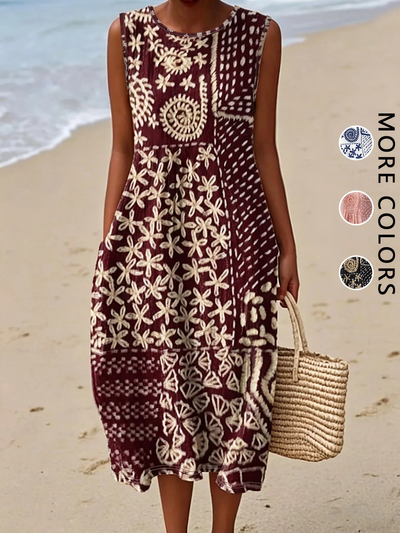 Sleeveless Bohemian Floral Midi Dress with Pockets