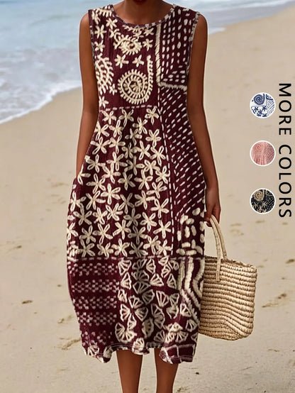 Sleeveless Bohemian Floral Midi Dress with Pockets