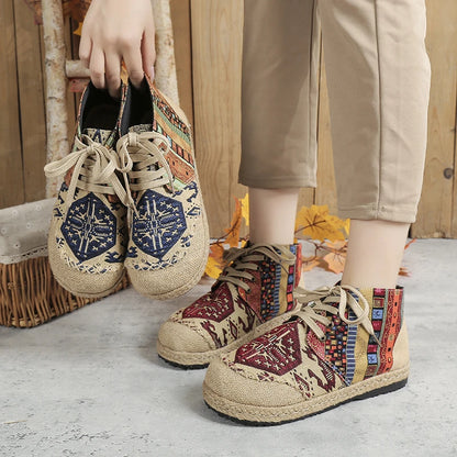 High-Top Embroidered Handmade Linen Lace-Up Shoes