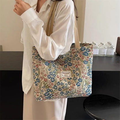 Embroidery Floral Canvas Handbags Delicate Blossom Pattern Tote Shoulder Bag for Women, Casual Outing, Work, Everyday Essentials