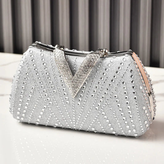 Silver Party Bag Diamond Wedding Inspired Designer Handbags for Women V Hasp Luxury Quality  Rhinestone Shoulder Crossbody Bags