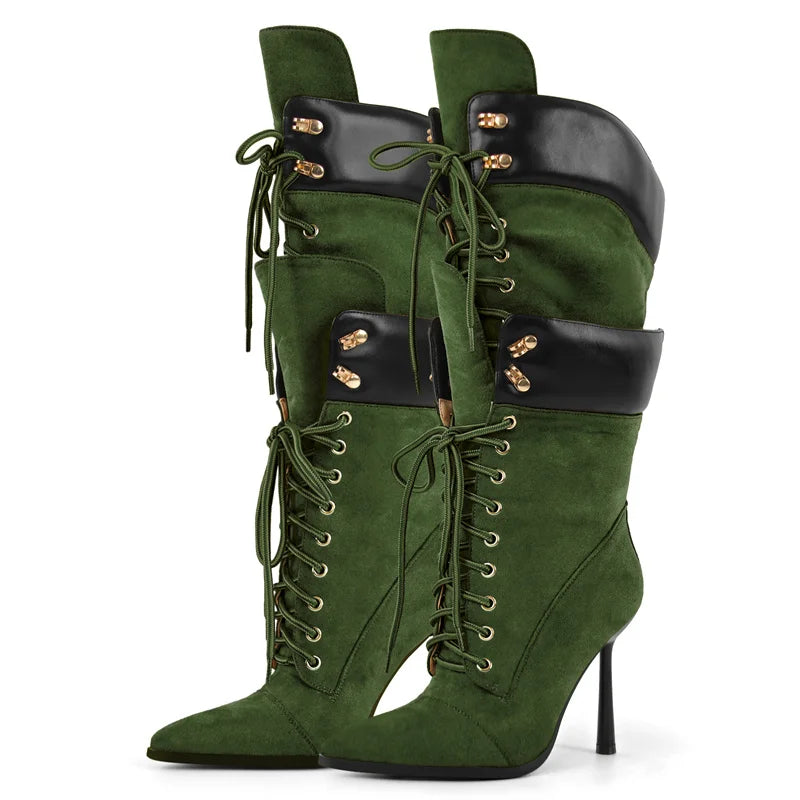 Premium Pointed Toe Lace-Up Stiletto Mid-Calf Boots