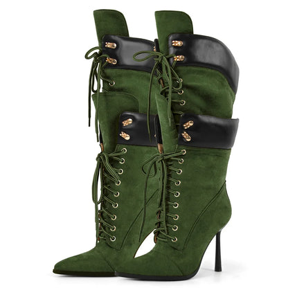 Premium Pointed Toe Lace-Up Stiletto Mid-Calf Boots