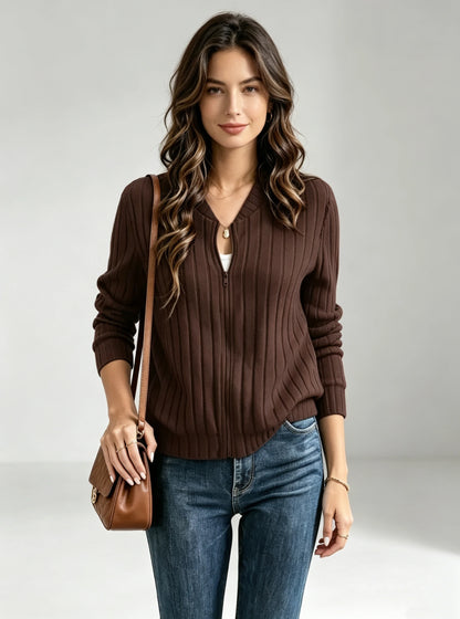 Ladies Autumn Winter Solid Color Ribbed Zipper Long Sleeve Jacket Outerwear