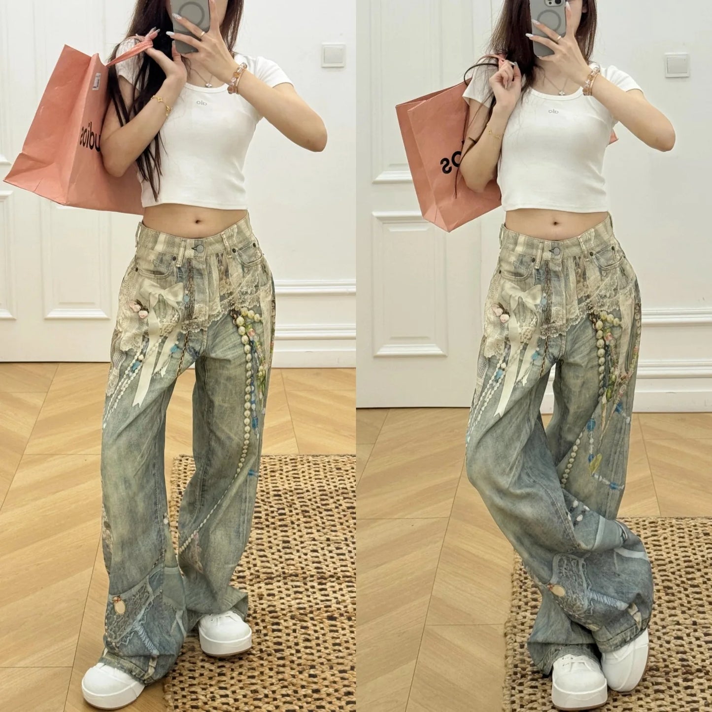 Premium High-Waist Straight Leg Jeans with Lace, Pearl & Chain Detail