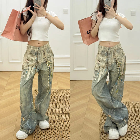 Premium High-Waist Straight Leg Jeans with Lace, Pearl & Chain Detail