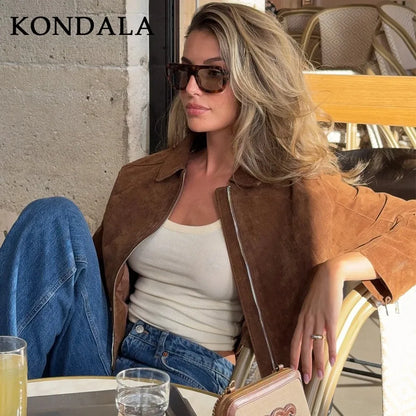 KONDALA 2025 Fall Winter Suede Zip Up Streetwear Women Jackets Fashion Casual Turndown Collar Brown Chic Elegant Ladies Jackets