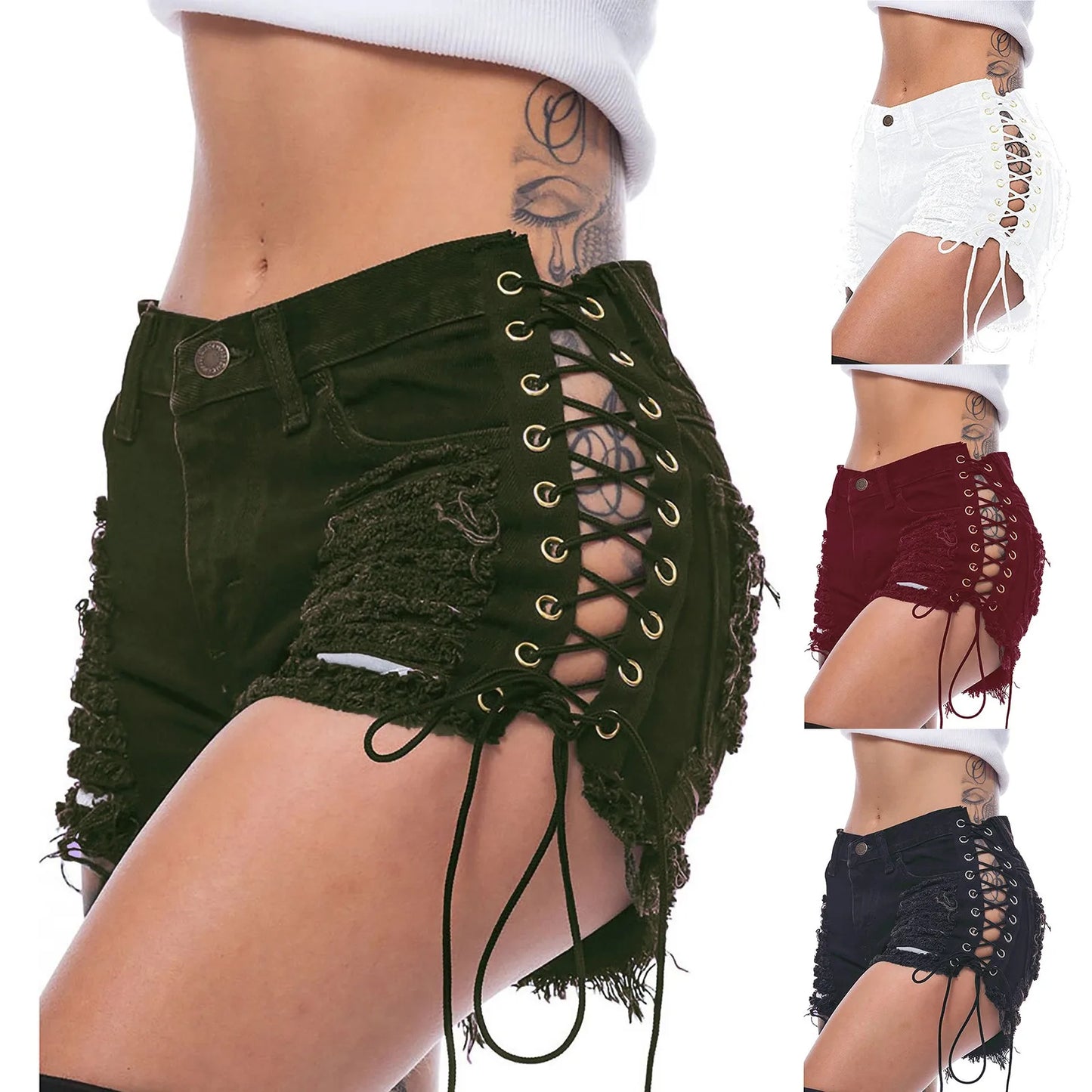 Side Lace-Up Distressed Casual Denim Shorts