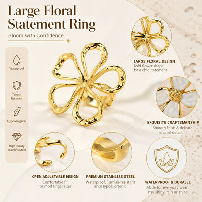 18K Gold Plated Vintage Hollow Floral Statement Ring for Women