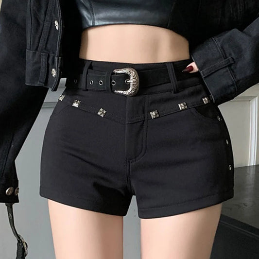 High Waist Black Denim Shorts with Metal Rivet Detail