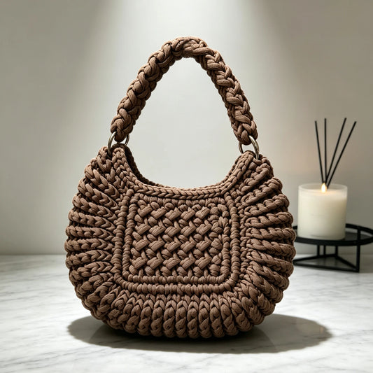 Women's Handbag, Purely Handmade, Fashionable and Versatile, Solid Color Crochet Shoulder Bag with an Open Design, Suitable for Casual Travel, Vacation, Pairing with Simple Outfits, and Outdoor Leisure Shopping.