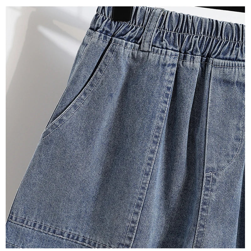 High Waist Plus Size Loose Fit Wide Leg Stretch Denim Shorts