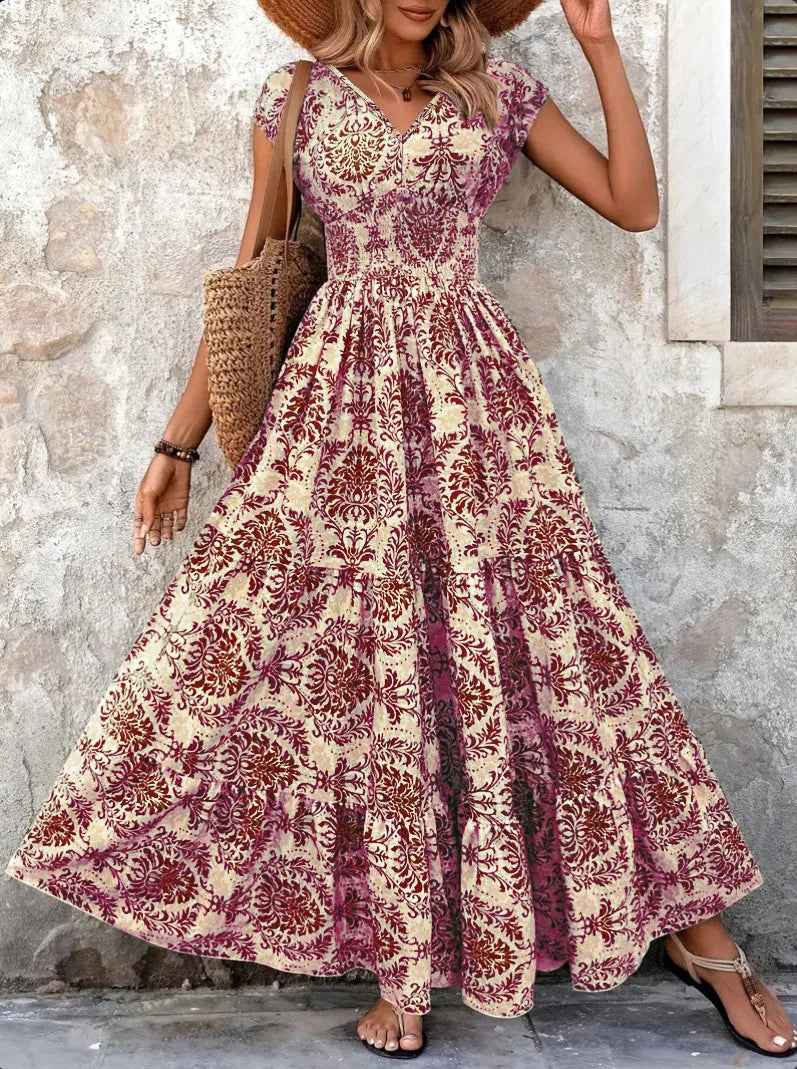 Vintage Floral Print V-Neck Short Sleeve Maxi Dress