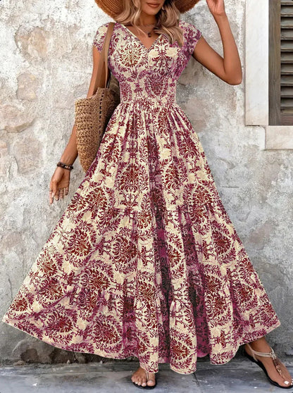 Vintage Floral Print V-Neck Short Sleeve Maxi Dress