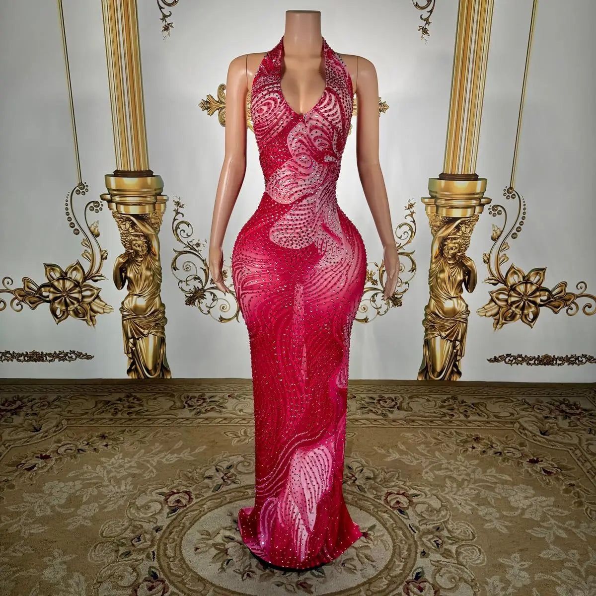 Plus Size Sheer Mesh Party Dress with Low Back & Rhinestone Detail