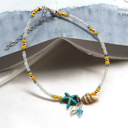 Bohemian Turquoise Starfish Beaded Anklet with Adjustable Chain