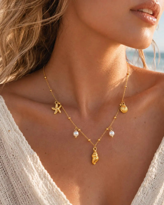 18K Gold Plated Stainless Steel Beach Charm Necklace with Pearl, Shell & Starfish